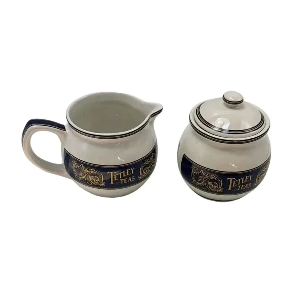 Tetley Tea Lot 2 Cream and Sugar Bowl White Blue Gold  Ceramic 1980s